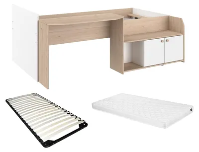 Produktbild von Kombibett 90 x 190/200 cm - Natur und Weiß + Lattenrost + Matratze - MIVONA
