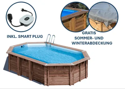 Produktbild von GRE Holzbecken oval Modell Macadamia 632 x 335 x 130 cm, Komplettset + GRATIS Sommer- und Winterabdeckung