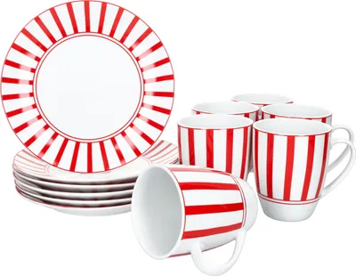 Zdjęcie produktu dla Split czerwony 12-częściowy zestaw śniadaniowy Porcelanowe talerze w paski Kubki