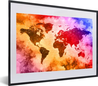Produktbild von MuchoWow® MuchoWow® Gerahmtes Poster Weltkarte - Farbe - Farben 60x40 cm - Poster mit zchwarzem Bilderrahmen - Schlafzimmer - Plakat in Rahmen - Drucken