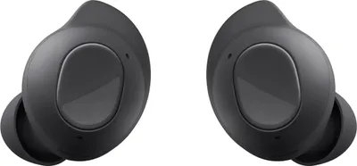 A pair of dark gray wireless earbuds are shown against a white background.