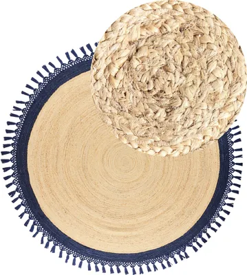 Produktbild von BELIANI Teppich Beige und Dunkelblau Jute Rund ø 200 cm mit Fransen Boho Rustikal Spiralform Geflochten Handgefertigt Natürlich Schlafzimmer Wohnzimmer