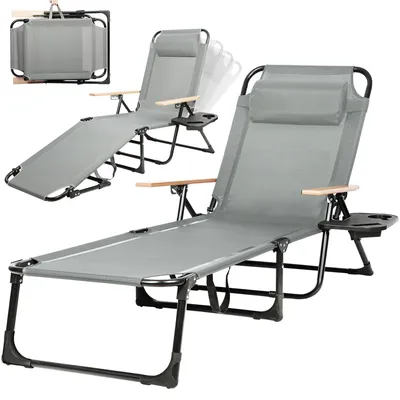 Produktbild von Liegestuhl 4-fach verstellbar - Klappbar - Leichter Strandstuhl - Kopfkissen - Becherhalter