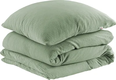 Produktbild von Pure Label Musselin Bettwäsche 155x220 cm mit einem Kissenbezug 40x80 cm aus 100% Baumwolle - Traumhaft weiche Bettwäsche-Sets in grün aus Musselin