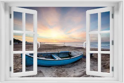 Produktbild von Wallario Wandbild mit Fenster-Illusion: Fischerboot am Strand bei Sonnenuntergang, Größe: 61 x 91,5 cm, Poster mit weißem Aluminiumrahmen