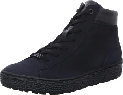 A single dark blue high-top sneaker is shown against a white background.