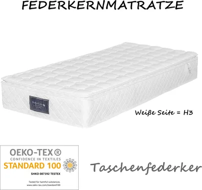 Produktbild von 90 x 200 cm Federkernmatratze, 7-Zonen-Kaltschaummatratze, Taschenfederkern, 100 % -, gesteppte Mikrofasermatratze, Härtegrad H3, 25 cm hoch