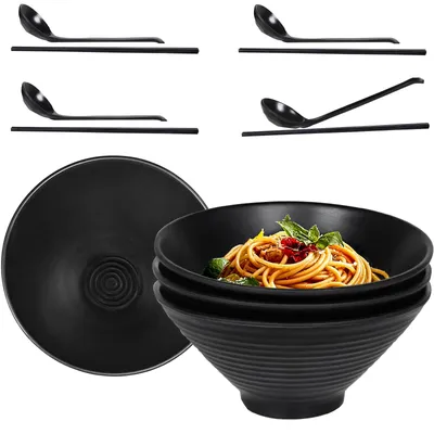 4er Set Ramen-Schalen, 1,2 l, Melamin, schwarz, spülmaschinengeeignet