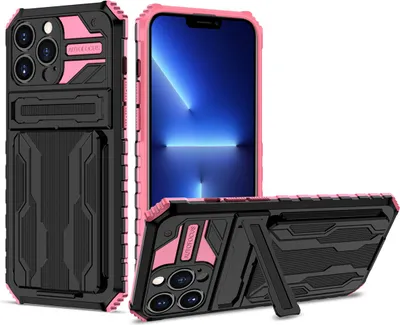 Produktbild von iPhone 14 Pro Max Hülle, Hybrid Robust Schutz Stoßfest Schutzhülle mit Kartenhalter Ständer für iPhone 14 Pro Max Rosa