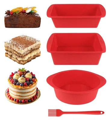 Produktbild von Silikon Backform Set 3 Stück mit Ölpinsel Rot für Kuchen Brot Quiche