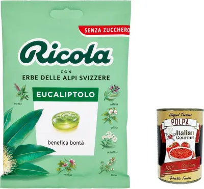 Produktbild von 3x Ricola Eucaliptolo bonbon Eukalyptol und Menthol erfrischend ohne zucker 70g + Italian Gourmet polpa 400g