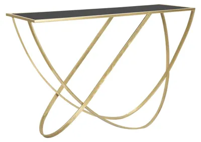 Image de Console Ring avec anneaux en fer doré et plateau en verre noir 120x40x79 cm
