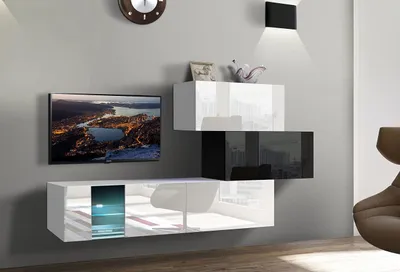 Image de Furnitech Meuble-paroi Salon - Meubles de salon avec LED Blanc - Meuble-paroi Suspendu Moderne - Étagères et meuble TV (Troja AN85-17BW-HG23-1A)