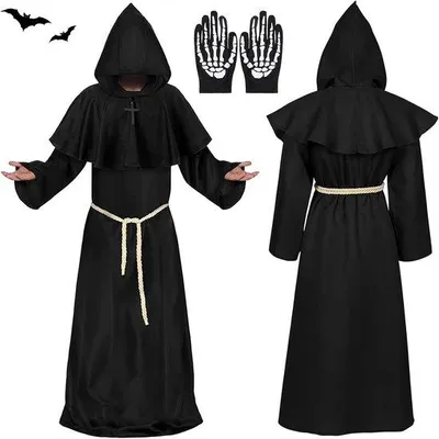 Productafbeelding van Monnikenkostuum heren Halloween monnik priester gewaad met kap, kruis, middeleeuws renaissancekostuum voor themafeest, Halloween en carnaval