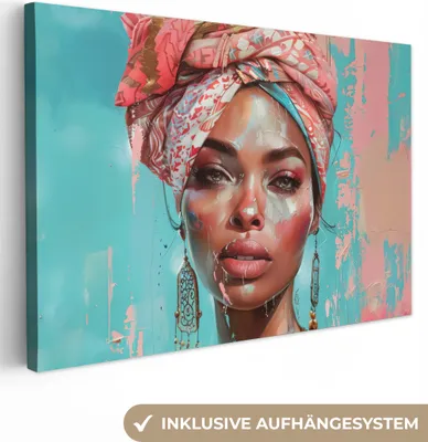 Produktbild von MuchoWow® - Leinwandbilder - Frau - Porträt - Blau - Rosa - Modern, Wandbild, Wanddeko Bilder Wohnzimmer, 90x60 cm
