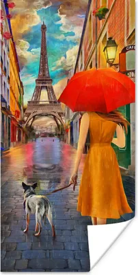Produktbild von MuchoWow® Poster Gemälde - Ölfarbe - Frau - Hund - Paris 20x40 cm - Plakat - Foto
