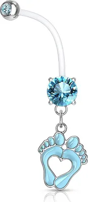 Produktbild von Schwangerschaftspiercing Bio Flex flexibler Kunststoff kürzbar Baby Füße Füßchen Herz Zirkonia Kristall Bauchnabel-Piercing Autiga® Aquamarine