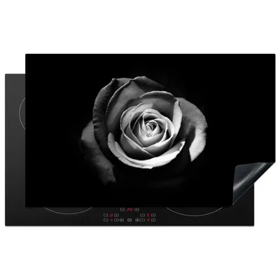 Produktbild von KitchenYeah© Herdabdeckplatte Blumen - Schwarz - Rose - Weiß - Botanisch , 83x51cm, Küche Deko, Glaskeramikkochfeld Herdabdeckung, Abdeckplatte fùr Kochfeld