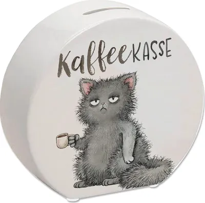 Produktbild von Katze mit Tasse Spardose mit Spruch Kaffeekasse