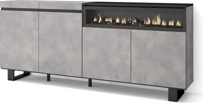 Image de COZY Buffet salon et cuisine, 200x35x87cm, 4 Portes, Cheminée électrique, Ciment