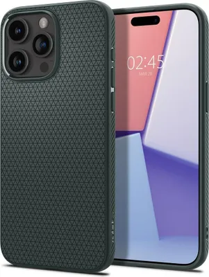 A dark green phone case is shown next to a smartphone displaying a clock.