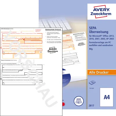 Produktbild von Avery Zweckform 2817, Sepa-Überweisung, PC-Druckerformular inkl. Software-CD, A4, 100 Blatt