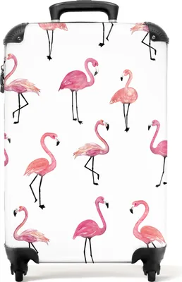 Produktbild von NoBoringSuitcases.com Kinder Handgepäck Koffer 55x35x20 cm, 36L, Bunte Drucke für Mädchen: Weiß - Flamingos, Reisekoffer mit 4 Rollen