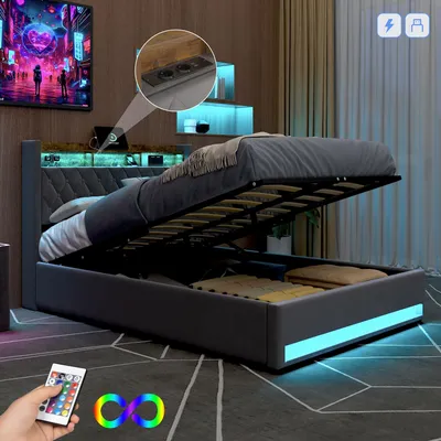 Produktbild von okwish Polsterbett 140×190 mit LED-Beleuchtung, USB & Steckdosen,Stauraumbett mit Kopfteil & Regal ,Komfortables Bett für Schlafzimmer,Grau(ohne Matratze)