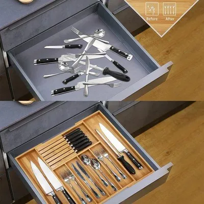 Produktbild von Famanu Besteckorganizer Ausziehbar - Holz, 33-55 cm, mit Entfernbarem Messerblock
