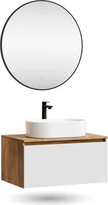 Produktbild von Planetmöbel ARISA Badmöbel Set Weiß – Mit Veluna LED Spiegel und weißem Keramik-Aufsatzwaschbecken 55 cm