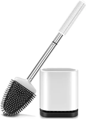 Image de Brosse de toilettes avec support, acier inoxydable et silicone, blanche, salle de bains