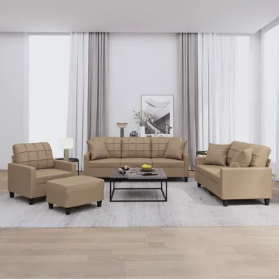 Produktbild von Praktischen 4-tlg. Sofagarnitur mit Kissen Cappuccino-Braun Kunstleder |Klassische Sofas 9309481
