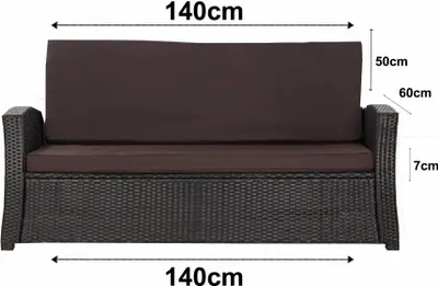 A front view of a brown and black outdoor sofa cushion set with dimensions indicated by text overlays.