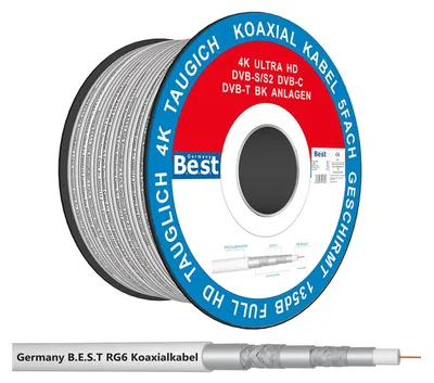 Produktbild von Germany B.e.s.t Koaxialkabel 100 M SAT-Kabel | 4K Ultra HD | Class A+ | DVB-S/S2 DVB-C DVB-T BK Anlagen | 5Fach Geschirmt | 135dB
