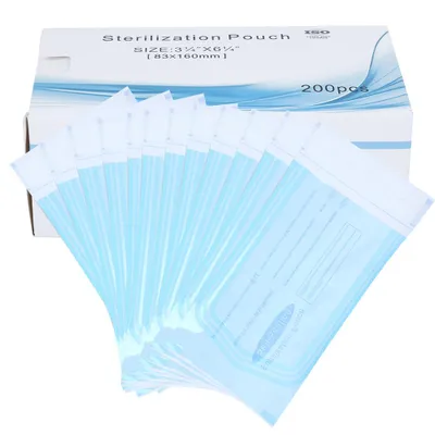 Obrázek produktu pro 200 samouzavíracích sáčků, zubní potřeby, PVC sáčky, průhledná fólie, modré, ke sterilizaci (83 x 160 mm)