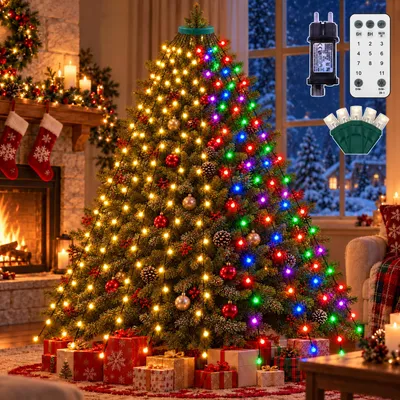 Image de Guirlande lumineuse de 31V pour sapin de Noël, avec anneau et prise, 2 mètres, 16 brins, 400 LED, lumière blanche chaude + multicolore, avec variateur d'intensité, 11 modes, fonction mémoire, minuterie. Éclairage pour sapin de Noël