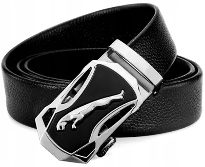 A black leather belt with a silver and black buckle featuring a jaguar emblem.