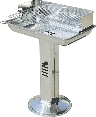 A stainless steel charcoal grill on a stand, shown against a white background.