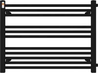 A black towel radiator with multiple horizontal bars, presented against a white background.
