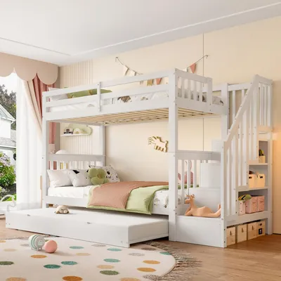 Immagine prodotto di Letto a castello per bambini, 90x200 cm, per 3 persone, con letto estraibile e scaletta, colore bianco
