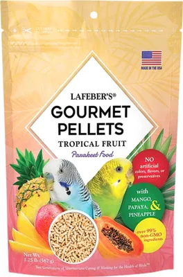 A bag of Lafeber's Gourmet Pellets Tropical Fruit bird food, featuring images of parakeets and tropical fruits.