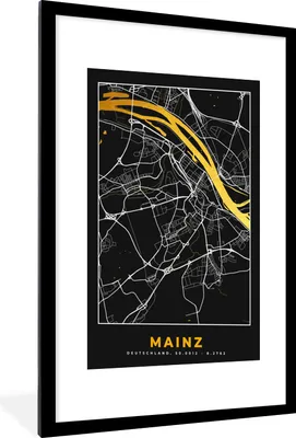 Produktbild von MuchoWow® Gerahmtes Poster Mainz - Stadtplan - Karte - Deutschland - Gold 60x90 cm - Poster mit Schwarzem Bilderrahmen Wandposter Rahmen Foto Bilder - Dekoration - Wandposter Wohnzimmer - Hochwertig