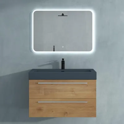 Produktbild von Mai & Mai Badmöbelset Komplett Set Waschbeckenunterschrank 90cm Unterschrank in Kerneiche mit Waschschbecken und LED-Badspiegel Quadratto
