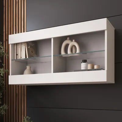 Produktbild von Komodee, Hängende Vitrine Schrank Tivoli, Weiß/Weiß, Breite 100cm x Höhe 50cm x Tiefe 29cm, 2 Regalböden, für Wohnzimmer, Schlafzimmer, Eingang