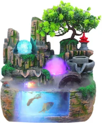 Produktbild von Indoor Tischbrunnen - Zimmerbrunnen - LED Beleuchtung - Nebelgenerator - Beruhigender Wasserfluss - Harz Dekoration - Grün