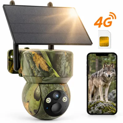 Productafbeelding van 4G LTE wildcamera, SIM-kaart, 2K, zonne-energie, wildcamera, mobiele telefoonoverdracht, app, draadloos, batterij, bewakingscamera, buiten, kleurenweergave bij weinig licht, PIR-sensor