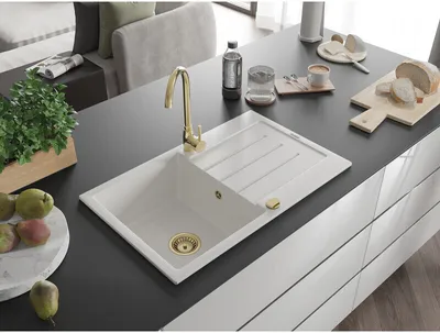 Obrázok produktu pre Mexen Bruno granitový jednokomorový drez s odkvapkávačom 795 x 495 mm, Biela, Sifón Zlatá - 6513791010-20-G