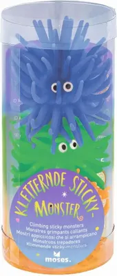 A clear plastic tube containing several colorful sticky monsters.