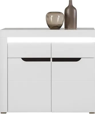 Produktbild von Furniture24 Kommode Irma IM3 Schrank Wohnzimmerschrank mit 2 Türen 1 Schublade und Led Beleuchtug Weiß/Weiß Hochglanz