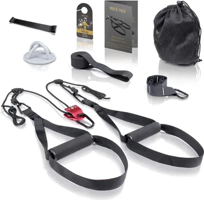 Produktbild von High Pulse Schlingentrainer-Set (7-teilig) Umfangreiches Schlingentrainer-Set mit Seilzug, Tranker, Wandhalterung, Poster, Trschild, Tasche und Fitnessband fr ein effektives Ganzkrpertraining